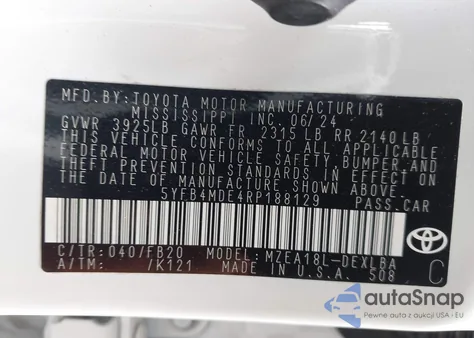 2024 Toyota Corolla Le из США, поврежденный, VIN 5YFB4MDE4RP188129